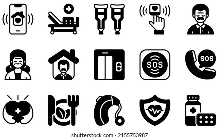 Set of Vector Icons Related to Nursing Home. Contains such Icons as Application, Bed, Crutches, Pulse Oximeter, Elderly, Emergency Call and more.