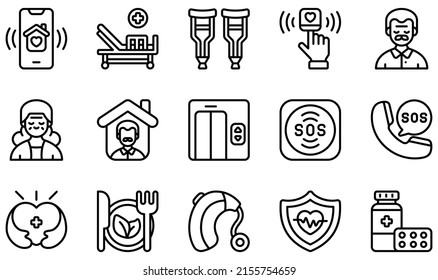 Set of Vector Icons Related to Nursing Home. Contains such Icons as Application, Bed, Crutches, Pulse Oximeter, Elderly, Emergency Call and more.