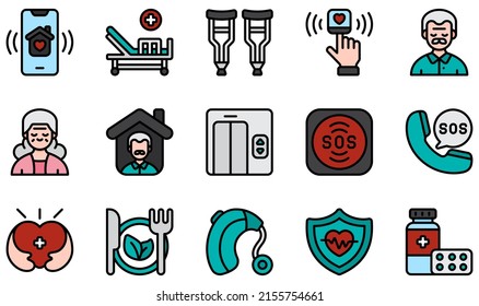 Set of Vector Icons Related to Nursing Home. Contains such Icons as Application, Bed, Crutches, Pulse Oximeter, Elderly, Emergency Call and more.