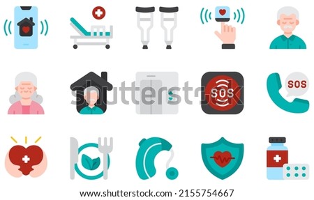 Set of Vector Icons Related to Nursing Home. Contains such Icons as Application, Bed, Crutches, Pulse Oximeter, Elderly, Emergency Call and more.