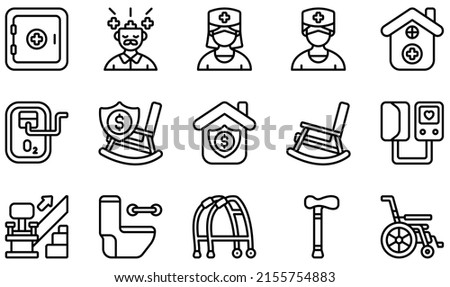 Set of Vector Icons Related to Nursing Home. Contains such Icons as Mental Health, Nurse, Nursing Home, Retirement, Rocking Chair, Stair and more.