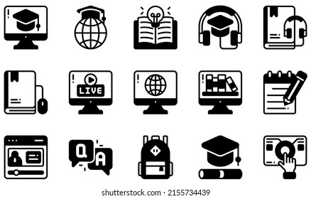 Set of Vector Icons Related to Online Learning. Contains such Icons as Audio Book, Audio Course, Backpack, Certification, Digital Library, Ebook and more.