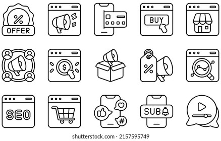 Set of Vector Icons Related to Online Marketing. Contains such Icons as Online Marketing, Onlines Payment, Online Shopping, Onlines Store, Outbound Marketing, Seo and more.