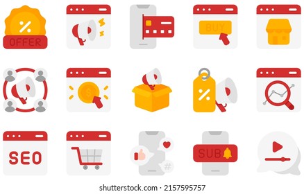 Set of Vector Icons Related to Online Marketing. Contains such Icons as Online Marketing, Onlines Payment, Online Shopping, Onlines Store, Outbound Marketing, Seo and more.