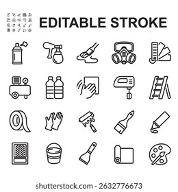 Set of vector icons related to painting. Thin line vectors, contains icons such as paint can, brush, spray paint and more.