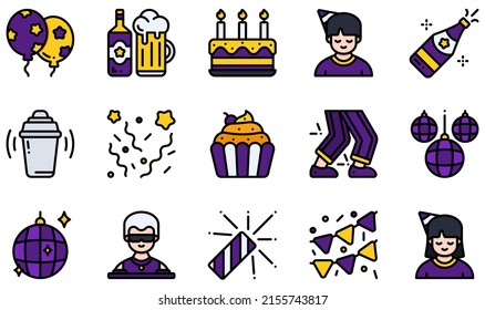 Set of Vector Icons Related to Party. Contains such Icons as Balloons, Birthday Cake, Champagne, Confetti, Disco, Garland and more.