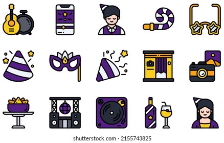 Set of Vector Icons Related to Party. Contains such Icons as Live Music, Party Blower, Party Hat, Party Mask, Photo Booth, Snack and more.