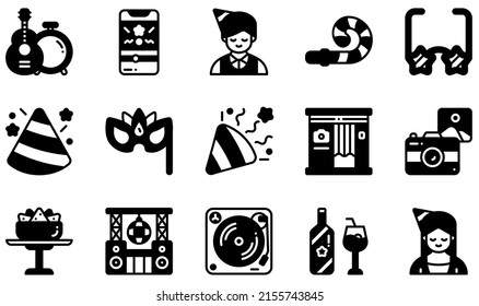 Set of Vector Icons Related to Party. Contains such Icons as Live Music, Party Blower, Party Hat, Party Mask, Photo Booth, Snack and more.