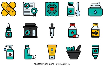 Conjunto de íconos vectores relacionados con la farmacia. Contiene iconos como tira, tos, crema, farmacia, aceite de pescado, inhalador y más.