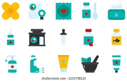 Set of Vector Icons Related to Pharmacy. Contains such Icons as Band Aid, Cough, Cream, Drugstore, Fish Oil, Inhaler and more.
