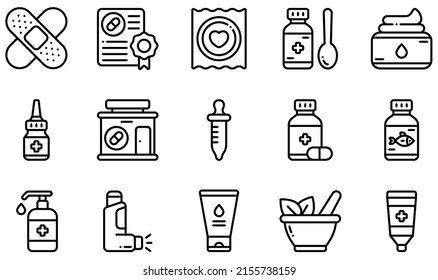 Set of Vector Icons Related to Pharmacy. Contains such Icons as Band Aid, Cough, Cream, Drugstore, Fish Oil, Inhaler and more.