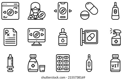 Conjunto de íconos vectores relacionados con la farmacia. Contiene iconos como farmacia en línea, píldoras, embarazo, farmacia en línea, suero, rociado y más.