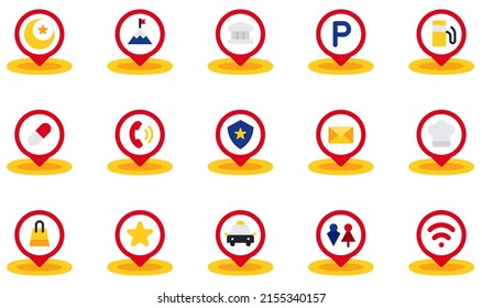 Set of Vector Icons Related to Placeholder. Contains such Icons as Museum, Parking, Pharmacy, Phone, Police Station, Restaurant and more.