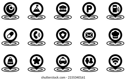 Set of Vector Icons Related to Placeholder. Contains such Icons as Museum, Parking, Pharmacy, Phone, Police Station, Restaurant and more.