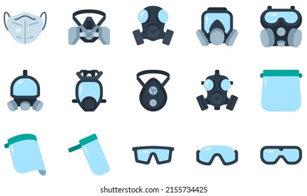 Set of Vector Icons Related to Protective Face Mask. Contains such Icons as Respirator Mask, Gas Mask, Face Shield, 4, Safety Glasses, Mask and more.