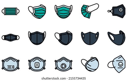 Set of Vector Icons Related to Protective Face Mask. Contains such Icons as Medical Mask, Cloth Mask, Sponge Mask, Respirator Masks, Face Masks, Masks and more.