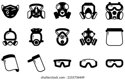 Conjunto de iconos vectores relacionados con la máscara de la cara protectora. Contiene íconos como Máscara Respiradora, Máscara de Gas, Escudo facial, 4, Gafas de seguridad, Máscara y más.