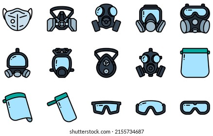 Conjunto de iconos vectores relacionados con la máscara de la cara protectora. Contiene íconos como Máscara Respiradora, Máscara de Gas, Escudo facial, 4, Gafas de seguridad, Máscara y más.