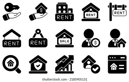 Set of Vector Icons Related to Rental Property. Contains such Icons as Owner, Real Estate, Rent, Sale, Sales Agent, Search and more.