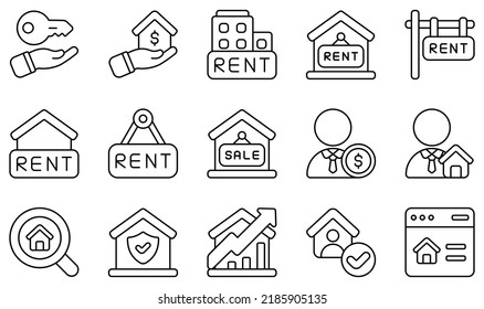 Set of Vector Icons Related to Rental Property. Contains such Icons as Owner, Real Estate, Rent, Sale, Sales Agent, Search and more.