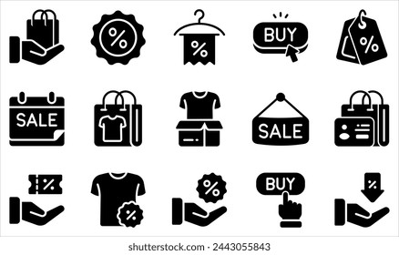Conjunto de iconos vectoriales relacionados con ventas y descuentos. Contiene tales iconos como bolsa de compras, descuento, precio de etiqueta, ventas, compra, precio bajo y más.
