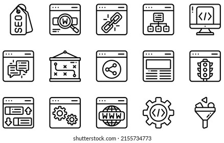 Set of Vector Icons Related to SEO And Marketing. Contains such Icons as Seo Tag, Keywords, Site Map, Feedback, Traffic, Ranking and more.