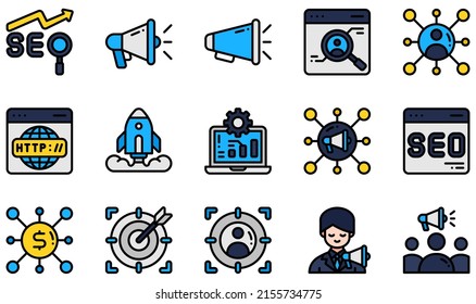Set of Vector Icons Related to SEO And Marketing. Contains such Icons as Seo, Megaphone, Bullhorn, Social Media, Website, Social Marketing and more.