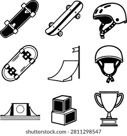 Set of vector icons related to skateboarding, including skateboards, protective helmets, ramps, obstacles, and trophies for sports competitions.