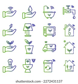 Set of vector icons related to smart green home environment. Vector illustrations such as save electricity, energy save smart home appliances and more with editable gradient color outline.