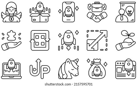 Set of Vector Icons Related to Startups. Contains such Icons as Investor, Launch, Partnership, Pitching, Rocket, Startup and more.