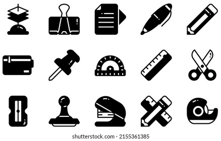 Set of Vector Icons Related to Stationery. Contains such Icons as Paper Holder, Paperclip, Pen, Pencil, Pencil Case, Ruler and more.