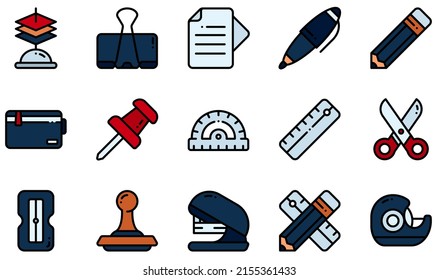 Set of Vector Icons Related to Stationery. Contains such Icons as Paper Holder, Paperclip, Pen, Pencil, Pencil Case, Ruler and more.