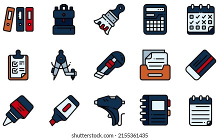 Conjunto de iconos vectoriales relacionados con el diseño de fondo. Contiene iconos como Archivos, Mochila, Calculadora, Portapapeles, Cutter, Glue y más.