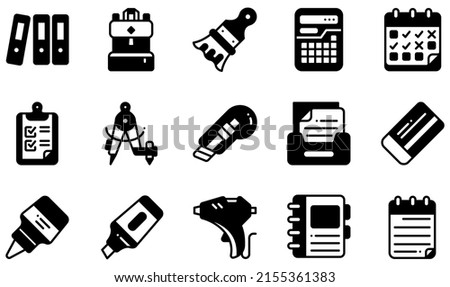 Set of Vector Icons Related to Stationery. Contains such Icons as Archives, Backpack, Calculator, Clipboard, Cutter, Glue and more.