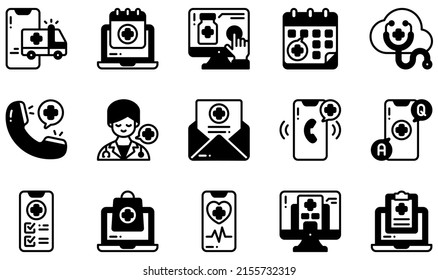 Set of Vector Icons Related to Telemedicine. Contains such Icons as Ambulance, Appointment, Buy Online, Consultation, Faq, Healthcare and more.