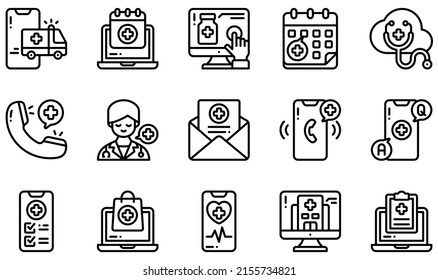 Set of Vector Icons Related to Telemedicine. Contains such Icons as Ambulance, Appointment, Buy Online, Consultation, Faq, Healthcare and more.