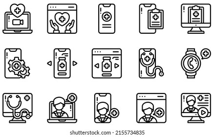 Set of Vector Icons Related to Telemedicine. Contains such Icons as Medical, Medical App, Medical Report, Online Pharmacy, Telemedicine, Stethoscope and more.