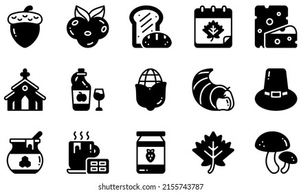 Set of Vector Icons Related to Thanksgiving . Contains such Icons as Acorn, Berries, Cheese, Church, Cornucopia, Honey and more.