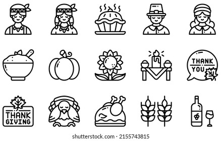 Set of Vector Icons Related to Thanksgiving . Contains such Icons as Pie, Pilgrim, Native American, Pumpkin, Thanksgiving, Turkey and more.