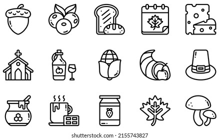 Set of Vector Icons Related to Thanksgiving . Contains such Icons as Acorn, Berries, Cheese, Church, Cornucopia, Honey and more.