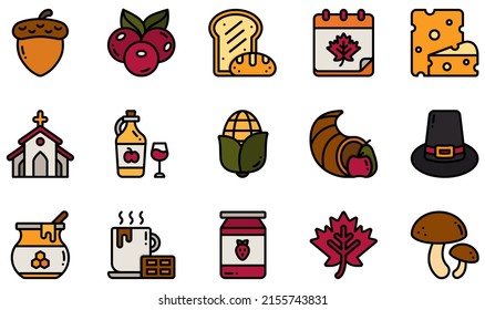 Set of Vector Icons Related to Thanksgiving . Contains such Icons as Acorn, Berries, Cheese, Church, Cornucopia, Honey and more.