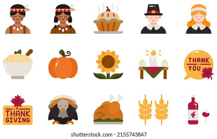 Set of Vector Icons Related to Thanksgiving . Contains such Icons as Pie, Pilgrim, Native American, Pumpkin, Thanksgiving, Turkey and more.