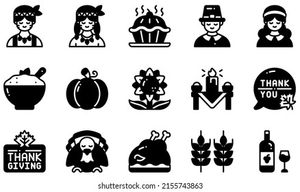 Set of Vector Icons Related to Thanksgiving . Contains such Icons as Pie, Pilgrim, Native American, Pumpkin, Thanksgiving, Turkey and more.