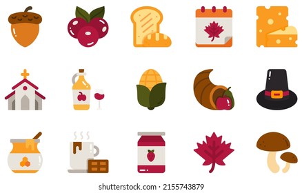 Set of Vector Icons Related to Thanksgiving . Contains such Icons as Acorn, Berries, Cheese, Church, Cornucopia, Honey and more.