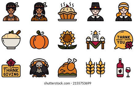 Set of Vector Icons Related to Thanksgiving . Contains such Icons as Pie, Pilgrim, Native American, Pumpkin, Thanksgiving, Turkey and more.