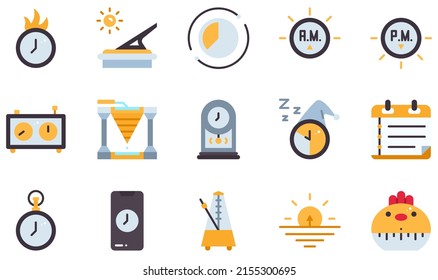 Set of Vector Icons Related to Time. Contains such Icons as Deadline, Sundial, Time Lapse, Chess Clock, Water Clock, Pendulum Clock and more.