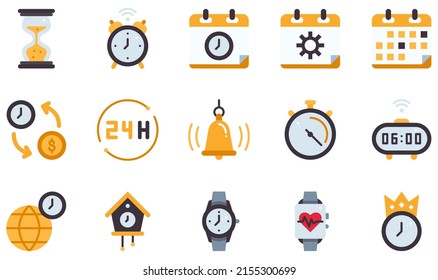 Set of Vector Icons Related to Time. Contains such Icons as Hourglass, Alarm Clock, Time Management, Calendar, Time Is Money, Stopwatch and more.