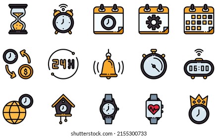 Set of Vector Icons Related to Time. Contains such Icons as Hourglass, Alarm Clock, Time Management, Calendar, Time Is Money, Stopwatch and more.