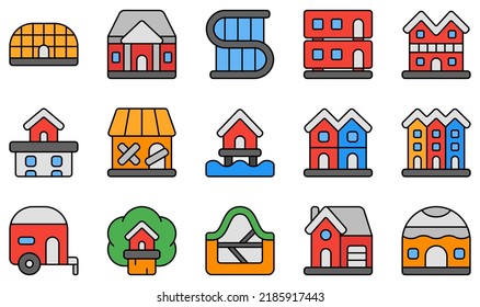 Set of Vector Icons Related to Type Of Houses. Contains such Icons as Owner, Mansion, Modern House, Penthouse, Shack, Stilt House and more.