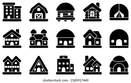 Set of Vector Icons Related to Type Of Houses. Contains such Icons as Apartment, Barn, Bungalow, Cabin, Chalet, Chateau and more.